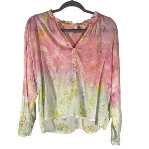 PILCRO floral gauzy peasant top cotton blouse ruffle pastel Cottage women’s S